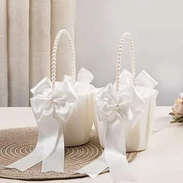Ivory Flower Girl Baskets with Pearl Handles for Weddings