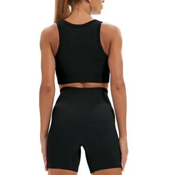 YVYVLOLO Workout Sets for Women 2 Piece Seamless Ribbed Sports Bra High Waist Yoga Shorts Outfits(Y429-Black-S)