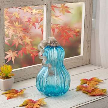 Glitzhome 8.50" Blue Handblown Glass Pumpkin Table Accent for Fall & Harvest Thanksgiving Decorative