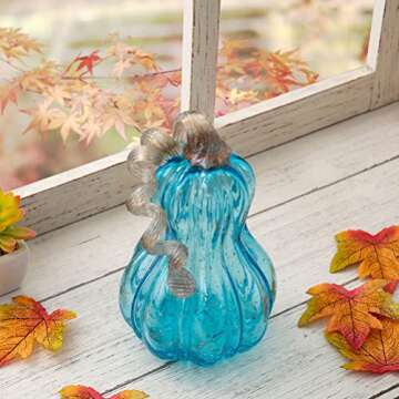 Glitzhome 8.50" Blue Handblown Glass Pumpkin Table Accent for Fall & Harvest Thanksgiving Decorative