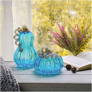 Glitzhome 8.50" Blue Handblown Glass Pumpkin Table Accent for Fall & Harvest Thanksgiving Decorative