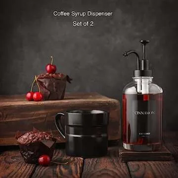 Stainless Steel Coffee Syrup Dispenser for Coffee Bar, Clear Glass Coffee Syrup Bottles - Coffee Syrup Pump Dispenser with 18 Labels and Pouring Funnel - Set of 2-16.9 Oz 500ml - Black