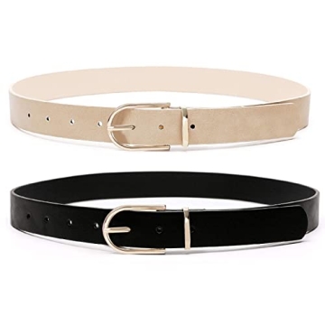 Earnda Women's Faux Leather Chic Belt for Ladies Jeans Set of 2 Belts Black&Beige Medium