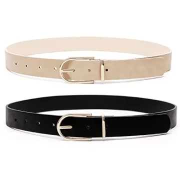 Earnda Women's Faux Leather Chic Belt for Ladies Jeans Set of 2 Belts Black&Beige Medium