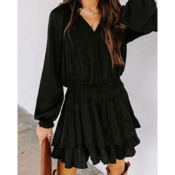 R.Vivimos Women's Cotton Long Sleeves V Neck Layered Ruffles Pleated Swing Mini Dress (Large, Black)