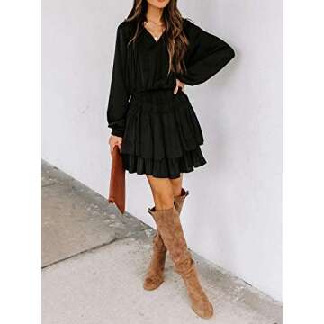 R.Vivimos Women's Cotton Long Sleeves V Neck Layered Ruffles Pleated Swing Mini Dress (Large, Black)