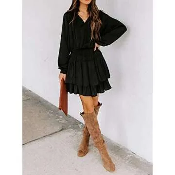 R.Vivimos Women's Cotton Long Sleeves V Neck Layered Ruffles Pleated Swing Mini Dress (Large, Black)