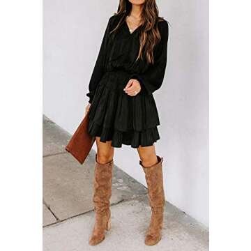 R.Vivimos Women's Cotton Long Sleeves V Neck Layered Ruffles Pleated Swing Mini Dress (Large, Black)