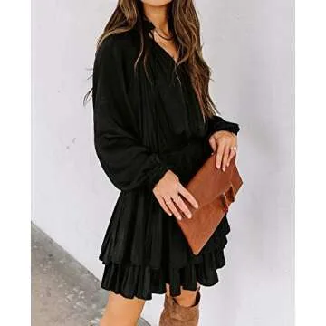 R.Vivimos Women's Cotton Long Sleeves V Neck Layered Ruffles Pleated Swing Mini Dress (Large, Black)