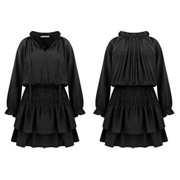 R.Vivimos Women's Cotton Long Sleeves V Neck Layered Ruffles Pleated Swing Mini Dress (Large, Black)
