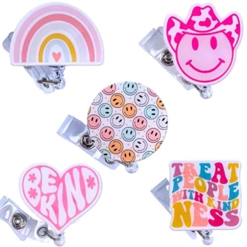 5 PC Cute Nurse Badge Reel Retractable Name Tag ID Clip Holder Retro Pink Cowboy Smiley Face Be Kind...
