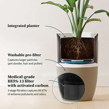 Dupray Bloom™ Air Purifier for Large Rooms with Planter or Custom Accent Table Design | For Home, Bedroom, Office, Dust, Pets | H13 HEPA Air Filtration (Planter, Cloudy Gray)