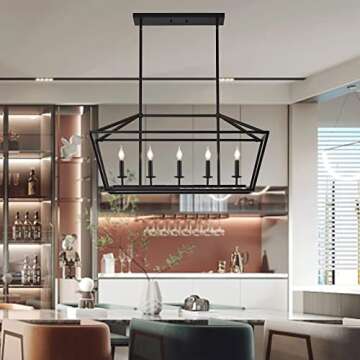 XILICON Kitchen Island Candle Rectangle Chandelier Light Fixture Linear 5 Light Dining Room Chandelier Farmhouse Black Modern Industrial Pendant Lighting for Kitchen Hallway Bar