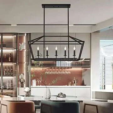 XILICON Kitchen Island Candle Rectangle Chandelier Light Fixture Linear 5 Light Dining Room Chandelier Farmhouse Black Modern Industrial Pendant Lighting for Kitchen Hallway Bar