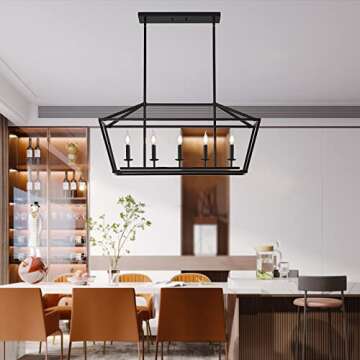 XILICON Kitchen Island Candle Rectangle Chandelier Light Fixture Linear 5 Light Dining Room Chandelier Farmhouse Black Modern Industrial Pendant Lighting for Kitchen Hallway Bar