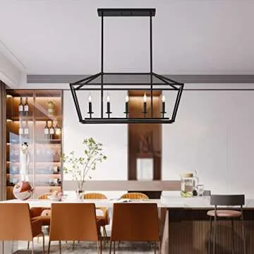 XILICON Kitchen Island Candle Rectangle Chandelier Light Fixture Linear 5 Light Dining Room Chandelier Farmhouse Black Modern Industrial Pendant Lighting for Kitchen Hallway Bar