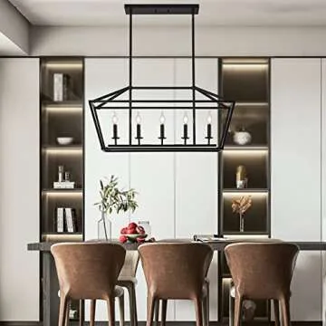 XILICON Kitchen Island Candle Rectangle Chandelier Light Fixture Linear 5 Light Dining Room Chandelier Farmhouse Black Modern Industrial Pendant Lighting for Kitchen Hallway Bar