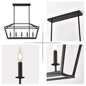 XILICON Kitchen Island Candle Rectangle Chandelier Light Fixture Linear 5 Light Dining Room Chandelier Farmhouse Black Modern Industrial Pendant Lighting for Kitchen Hallway Bar
