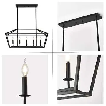 XILICON Kitchen Island Candle Rectangle Chandelier Light Fixture Linear 5 Light Dining Room Chandelier Farmhouse Black Modern Industrial Pendant Lighting for Kitchen Hallway Bar