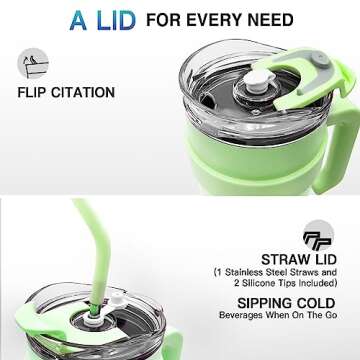 40 oz Tumbler with Handle and Straw, Green Leak Proof Stainless Steel Tumbler with 2-in-1 Straw Lid, Water Tumbler with Straw and Lid, Keeps Drinks Cold for 24 Hours, Dishwasher Safe, BPA Free