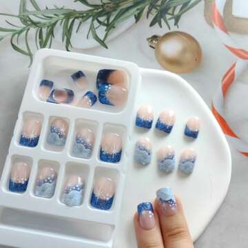 24Pcs Winter Fake Nails Blue White Glitter French Tip Press on Nails Square Short False Nails Sutaoz...