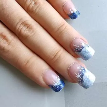 24Pcs Winter Fake Nails Blue White Glitter French Tip Press on Nails Square Short False Nails Sutaozhi Christmas Glue on Nails Full Cover Snowflake Acrylic Nails Christmas Artificial Stick on Nails