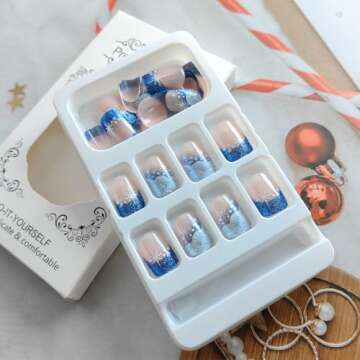 24Pcs Winter Fake Nails Blue White Glitter French Tip Press on Nails Square Short False Nails Sutaozhi Christmas Glue on Nails Full Cover Snowflake Acrylic Nails Christmas Artificial Stick on Nails