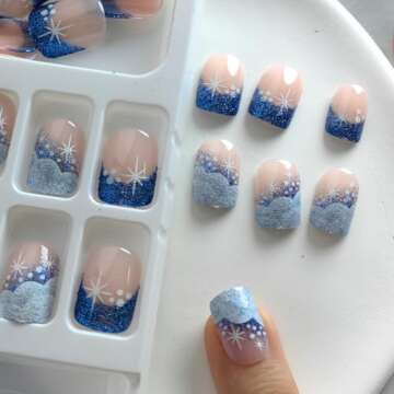 24Pcs Winter Fake Nails Blue White Glitter French Tip Press on Nails Square Short False Nails Sutaozhi Christmas Glue on Nails Full Cover Snowflake Acrylic Nails Christmas Artificial Stick on Nails