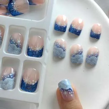 24Pcs Winter Fake Nails Blue White Glitter French Tip Press on Nails Square Short False Nails Sutaozhi Christmas Glue on Nails Full Cover Snowflake Acrylic Nails Christmas Artificial Stick on Nails