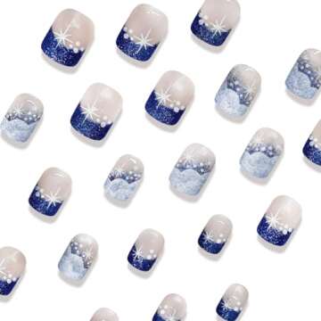 24Pcs Winter Fake Nails Blue White Glitter French Tip Press on Nails Square Short False Nails Sutaozhi Christmas Glue on Nails Full Cover Snowflake Acrylic Nails Christmas Artificial Stick on Nails