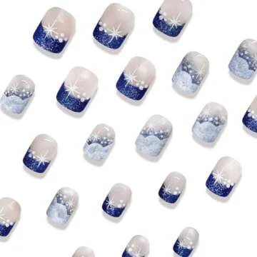 24Pcs Winter Fake Nails Blue White Glitter French Tip Press on Nails Square Short False Nails Sutaozhi Christmas Glue on Nails Full Cover Snowflake Acrylic Nails Christmas Artificial Stick on Nails