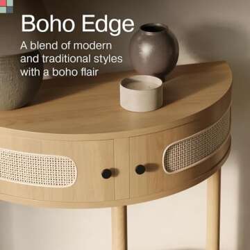 Stead Rattan Half Moon Entry Table, Small Console Table with Storage for Narrow Spaces, Modern Home Decor, Cane Console Table, Solid Wood Entryway Table with Two Doors and Black Knobs (Natural Oak)