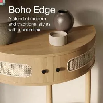 Stead Rattan Half Moon Entry Table, Small Console Table with Storage for Narrow Spaces, Modern Home Decor, Cane Console Table, Solid Wood Entryway Table with Two Doors and Black Knobs (Natural Oak)