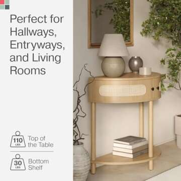 Stead Rattan Half Moon Entry Table, Small Console Table with Storage for Narrow Spaces, Modern Home Decor, Cane Console Table, Solid Wood Entryway Table with Two Doors and Black Knobs (Natural Oak)