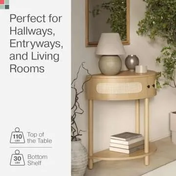 Stead Rattan Half Moon Entry Table, Small Console Table with Storage for Narrow Spaces, Modern Home Decor, Cane Console Table, Solid Wood Entryway Table with Two Doors and Black Knobs (Natural Oak)