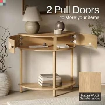 Stead Rattan Half Moon Entry Table, Small Console Table with Storage for Narrow Spaces, Modern Home Decor, Cane Console Table, Solid Wood Entryway Table with Two Doors and Black Knobs (Natural Oak)