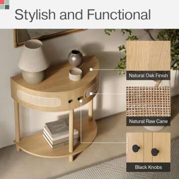 Stead Rattan Half Moon Entry Table, Small Console Table with Storage for Narrow Spaces, Modern Home Decor, Cane Console Table, Solid Wood Entryway Table with Two Doors and Black Knobs (Natural Oak)