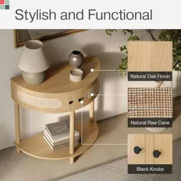 Stead Rattan Half Moon Entry Table, Small Console Table with Storage for Narrow Spaces, Modern Home Decor, Cane Console Table, Solid Wood Entryway Table with Two Doors and Black Knobs (Natural Oak)