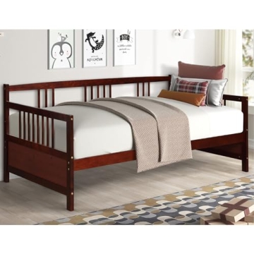 Giantex Twin Daybed Frame, Wooden Sofa Bed with Rails & Slat Support, No Box Spring Needed, Cherry W...