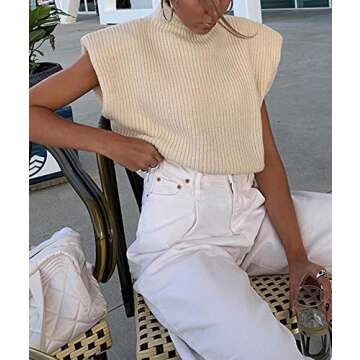 xxxiticat Women's Cap Sleeve Sweater Vest Mock Neck Knit Pullover Tank Shirt 2025 Trendy Spring Summer Sleeveless Cute Top(AP,XL) Apricot