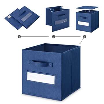 artsdi Set of 10,Foldable Cube Storage Bins with 10 Labels Window Cards & a Pen,Baskets Containers for Shelves,Closet Organizers Box for Home & Office, Navy Blue