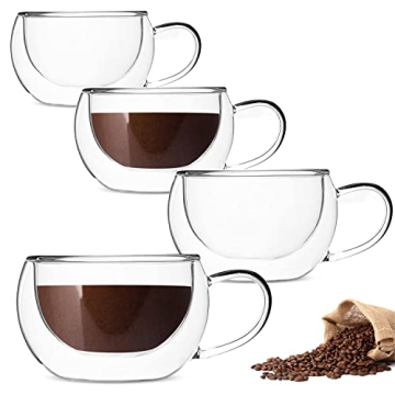 DeeCoo Double Wall Cappuccino Mugs 10oz, Clear Coffee Mug Set of 4 Espresso Cups, Insulated Glass wi...