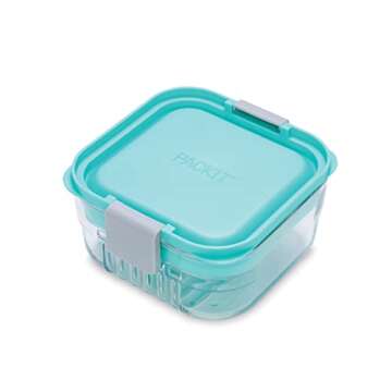PackIt Mod Snack Bento Food Storage Container, Mint Green, Shatterproof Crystal Clear Base, with Lea...