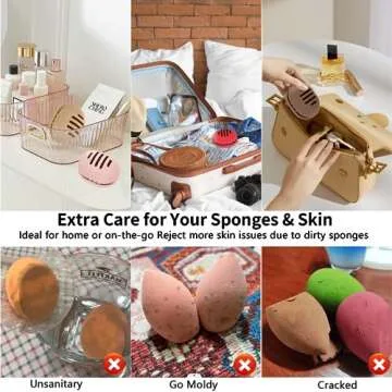 Fauxomor 2 Pcs Makeup Sponge Holder,Double-Sided Breathable Silicone Beauty Blender Holder for Travel or Daily,Shatterproof Make-up Travel Case Quick Drying Easy to Carry,Grey+Pink