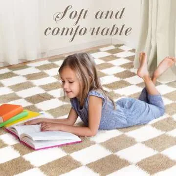 Super Soft Rug for Bedroom, 5x7 Ft Beige and White Area Rug Classic Checkered Shaggy Rug Anti-Skid High Pile Soft Fluffy Rug Fuzzy Carpet for Living Room Bedroom Kids Room Nursery, Dorm Home Decor