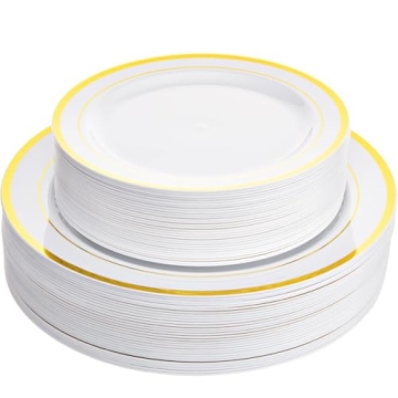 Aya's 60 Gold Rimmed Plastic Plates for Party, Heavy Duty Disposable Set of 30 Dinner and 30 Dessert...