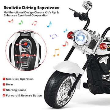 HONEY JOY Kids Motorcycle, 6V Battery Powered Toddler Chopper Motorbike Ride On Toy w/Horn & Headlight, Foot Pedal, 3-Wheel Mini Electric Motorcycle for Kids, Gift for Boys Girls(White)