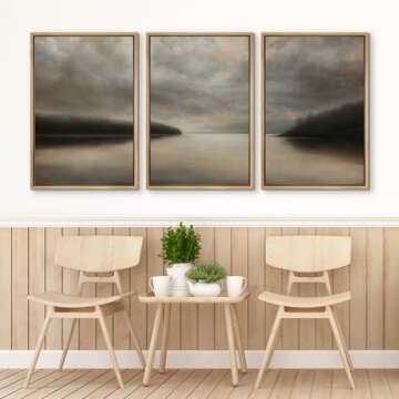SIGNFORD Framed Canvas Print Wall Art Set Tranquil Lake at Dusk Illustration Modern Art Decorative Nordic Minimal Zen for Living Room, Bedroom, Office - 24"x36"x3 Natural