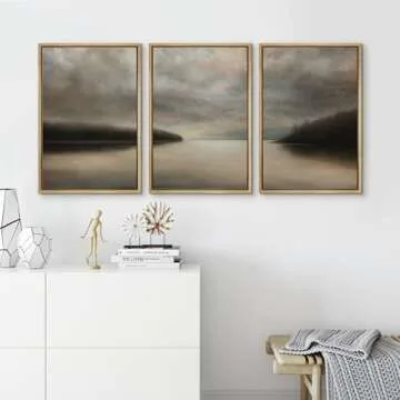 SIGNFORD Framed Canvas Print Wall Art Set Tranquil Lake at Dusk Illustration Modern Art Decorative Nordic Minimal Zen for Living Room, Bedroom, Office - 24"x36"x3 Natural