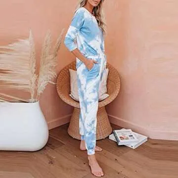 Blue Tie Dye Long Sleeve Pajamas Set for Women